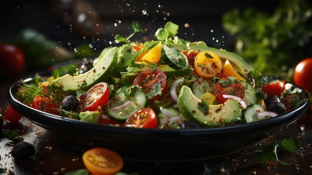 deliziosa insalata piena di verdure su un piatto con sfondo sfocato