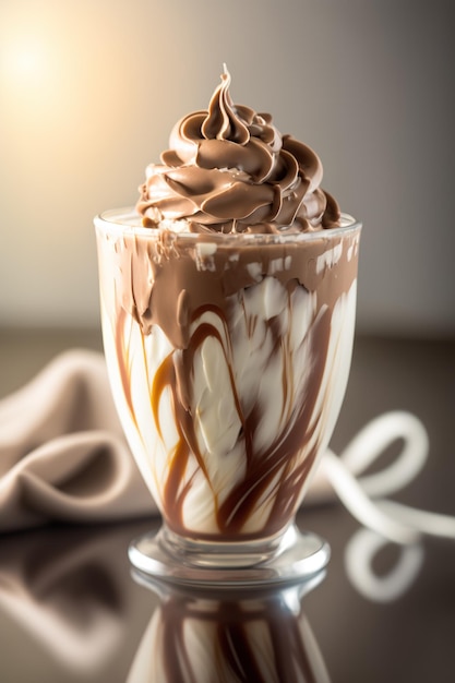 Deliziosa moka glassata al cioccolato con panna montata e cacao in polvere sopra