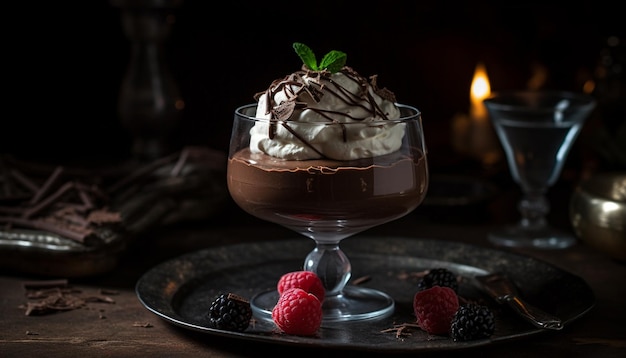 Deliziosa mousse al cioccolato fatta in casa con frutti di bosco freschi generati dall'intelligenza artificiale