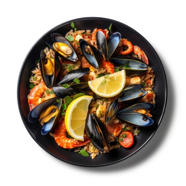 Deliziosa paella spagnola con frutti di mare su un piatto