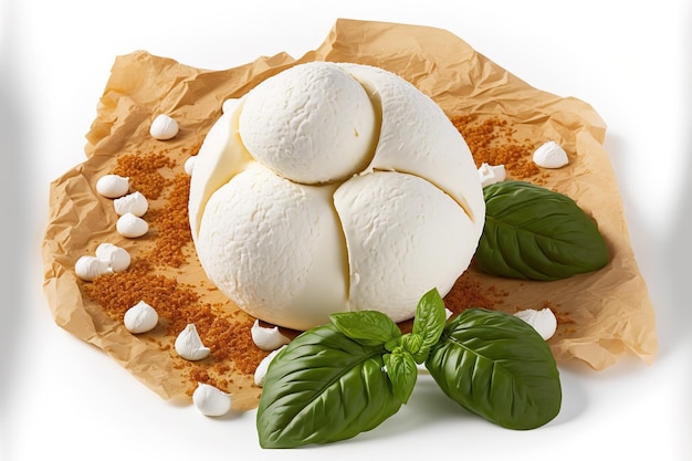 Deliziosa palla di mozzarella su sfondo bianco