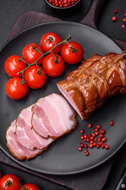 Deliziosa pancetta affumicata con sale, spezie ed erbe aromatiche