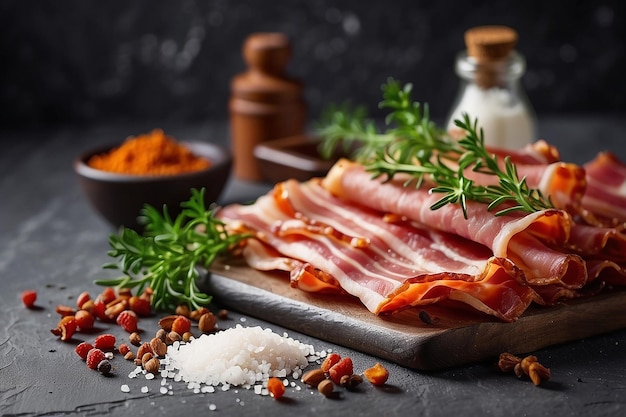 Deliziosa pancetta affumicata con spezie salate ed erbe su uno sfondo di cemento scuro