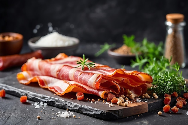 Deliziosa pancetta affumicata con spezie salate ed erbe su uno sfondo di cemento scuro