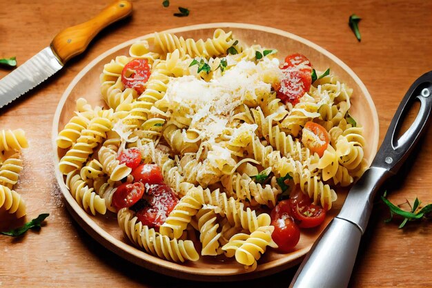 Deliziosa pasta fatta in casa con formaggio grattugiato carne macinata e pomodori su un tavolo di legno illustrazione 3d