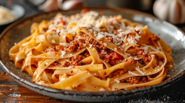 Deliziosa pasta fettuccina bolognese italiana fatta in casa spruzzata di formaggio parmigiano grattugiato