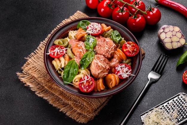 Deliziosa pasta fresca con polpette, salsa, pomodorini e basilico