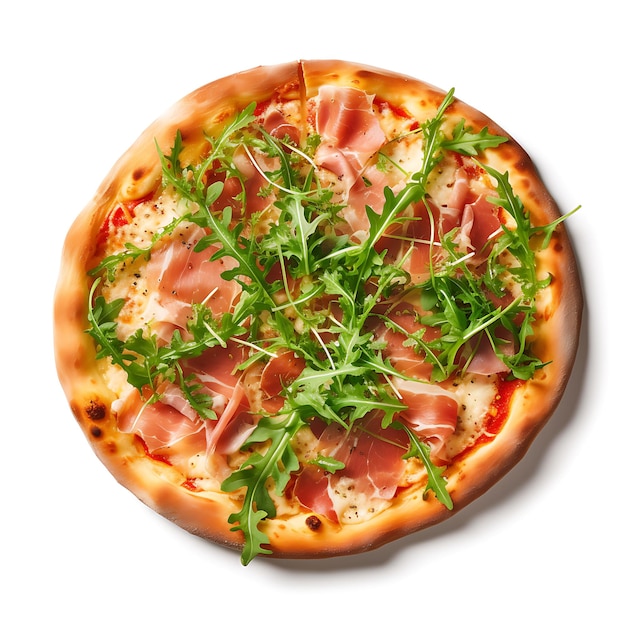Deliziosa pizza con olive e salsicce su sfondo bianco