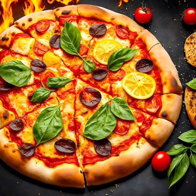 Deliziosa pizza con pomodori, limone e pepe, sfondo scuro con effetto fuoco generato