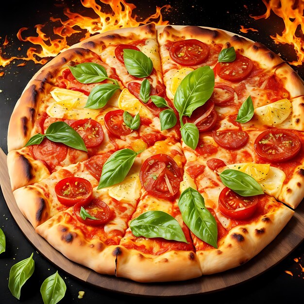 Deliziosa pizza con pomodori, limone e pepe, sfondo scuro con effetto fuoco generato