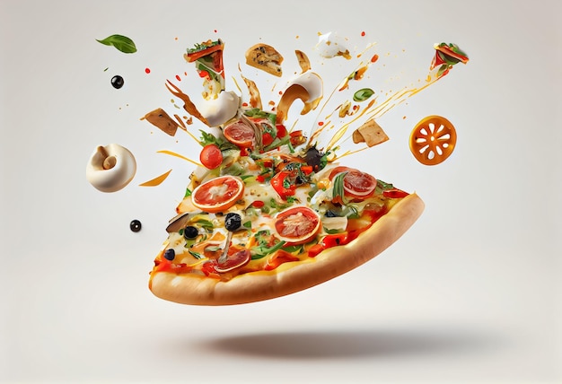 Deliziosa pizza e ingredienti volanti su sfondo bianco AI