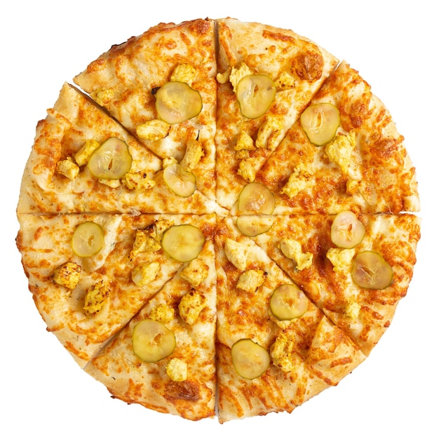Deliziosa pizza italiana classica con pollo e cetriolo sottaceto?