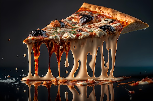 Deliziosa pizza italiana Fetta di pizza con formaggio e verdure Il formaggio caldo gocciola lungo i bordi di una fetta di pizza illustrazione 3d