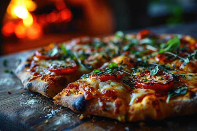 Deliziosa pizza italiana sul tavolo vicino al forno cotta in un forno a legna