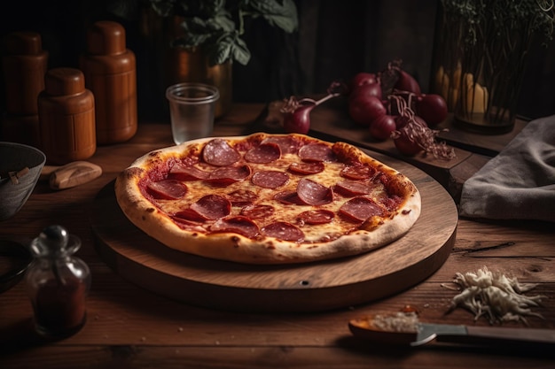 Deliziosa Pizza Salame Sulla Tavola Di Legno Con Decorazioni