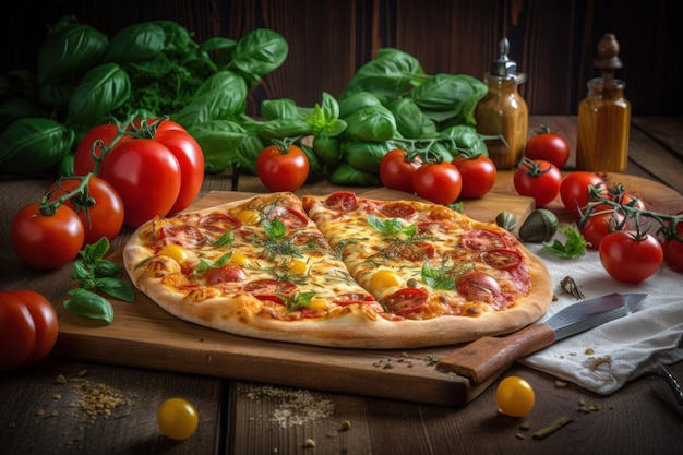 Deliziosa Pizza Salame Sulla Tavola Di Legno Con Decorazioni