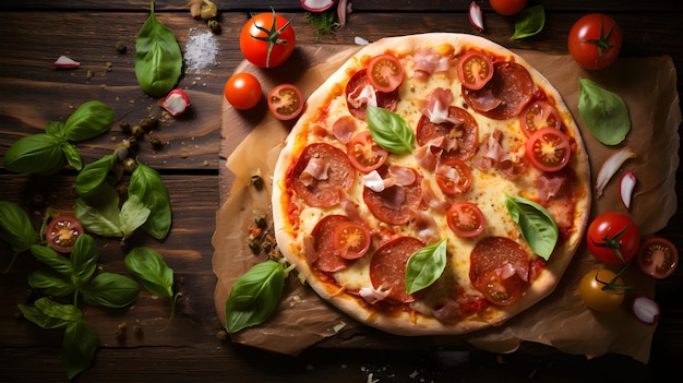 deliziosa pizza tradizionale italiana con prosciutto di pomodoro su sfondo di legno