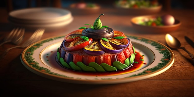 deliziosa ratatouille su un piatto con sfondo sfocato