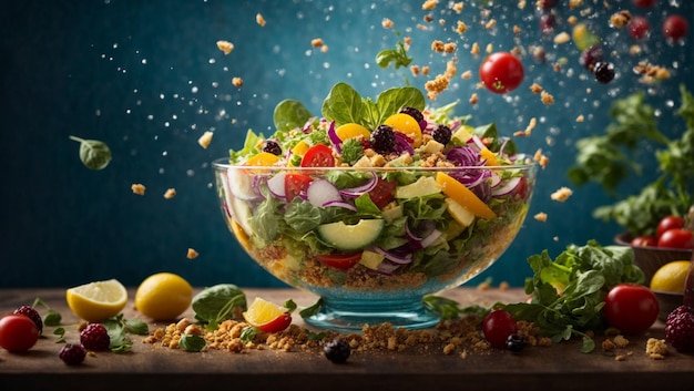 Deliziosa salata salutare fatta con ingredienti nutrienti verdure a foglia verde frutta