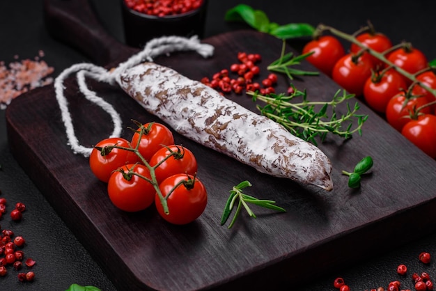 Deliziosa salsiccia di fuet affumicata fresca con sale, spezie ed erbe aromatiche