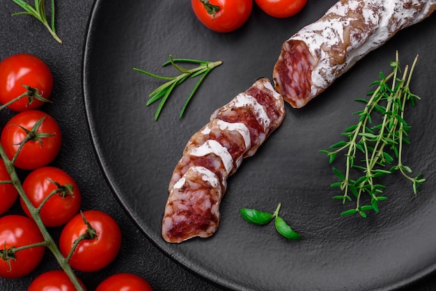 Deliziosa salsiccia di fuet affumicata fresca con sale, spezie ed erbe aromatiche