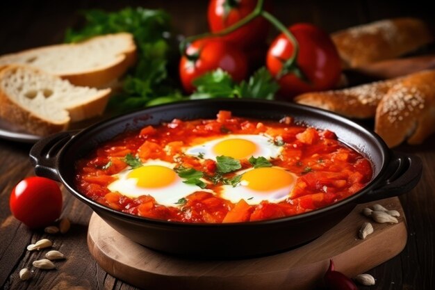 Deliziosa shakshuka in padella e prodotti su tavolo di legno