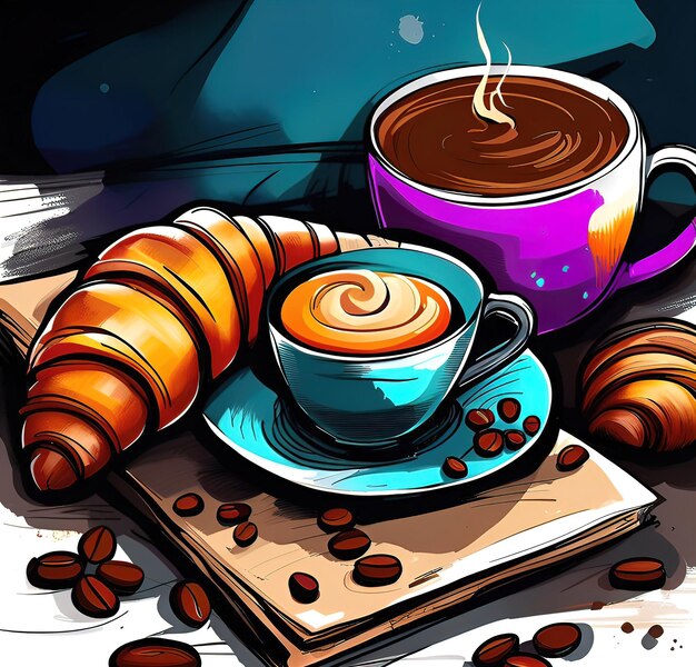 Deliziosa tazza di caffè caldo con chicchi di caffè alla cannella e torta isolati su sfondo bianco