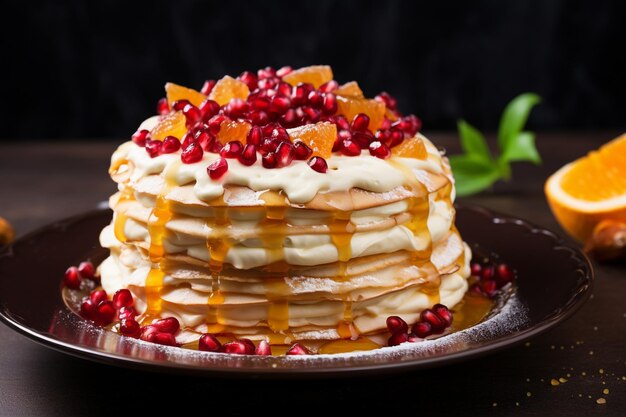 Deliziosa torta a crepe fatta in casa decorata con semi di melograno e mandarini