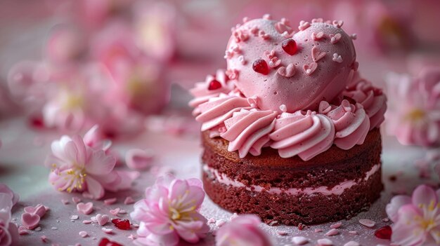 Deliziosa torta a forma di cuore con glassa rosa e fiori di ciliegio