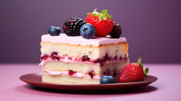 Deliziosa torta ai frutti di bosco su sfondo minimalista generato dall'intelligenza artificiale