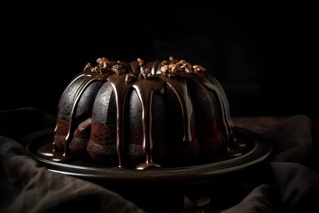 Deliziosa torta al cioccolato bundt sormontata da dessert con glassa di ganache su sfondo scuro Ai generato