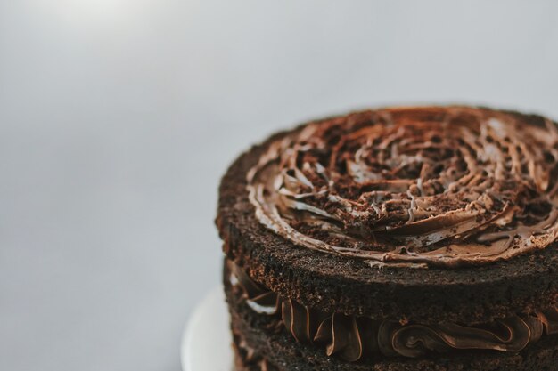 Deliziosa torta al cioccolato dolce con più strati su sfondo bianco