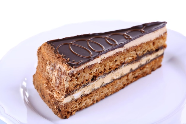 Deliziosa torta al cioccolato sul piatto isolato su bianco