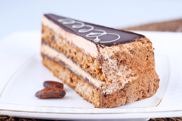 Deliziosa torta al cioccolato sul piatto sul primo piano del tavolo