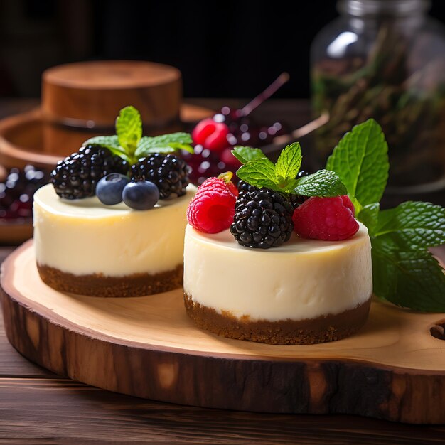 Deliziosa torta al formaggio con bacche fresche su tavola di legno