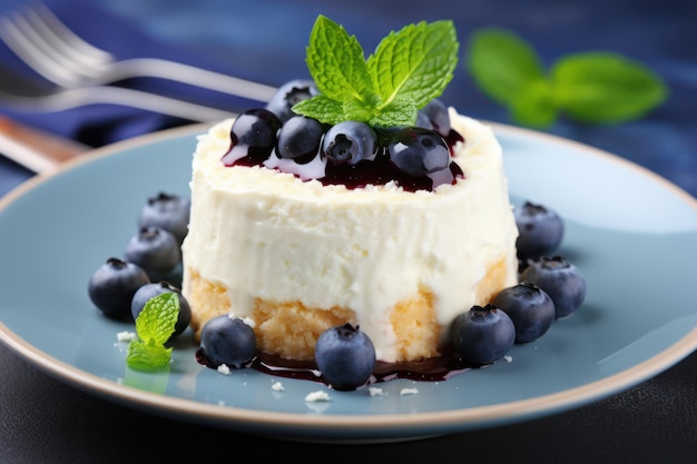 Deliziosa torta al formaggio con mirtillo e menta sul piatto da vicino