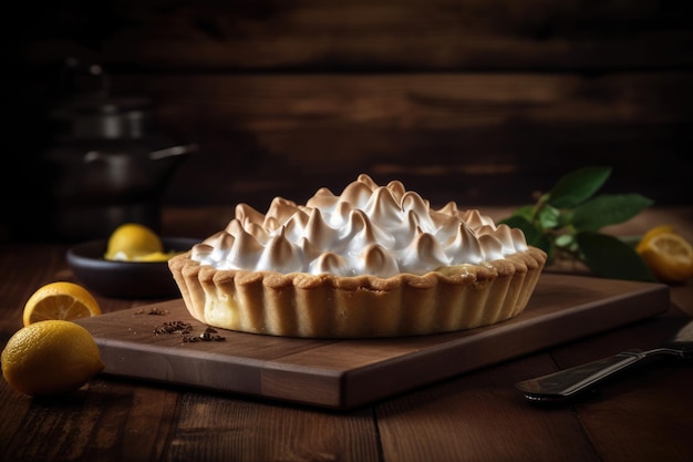 Deliziosa torta al limone con meringa sulla tavola di legno Ai generativa