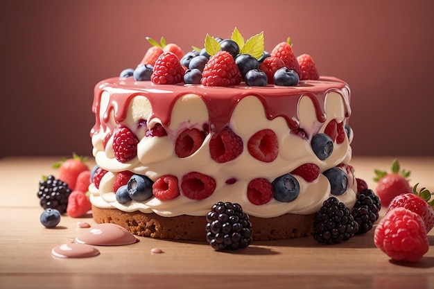 Deliziosa torta alla crema di frutti di bosco su sfondo marrone