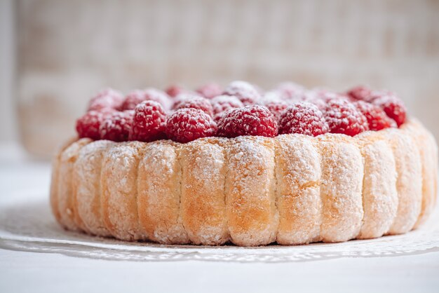 Deliziosa torta Charlotte francese con lamponi e biscotti savoiardi