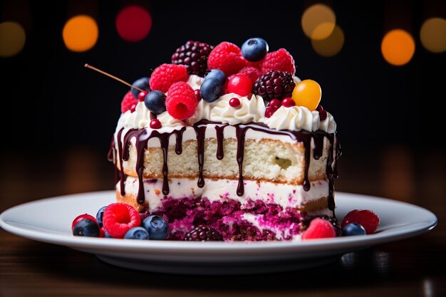 Deliziosa torta con cioccolato bianco e marrone con fiori e mirtilli su un tavolo