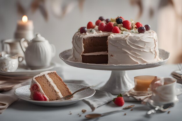 Deliziosa torta con frutta e panna