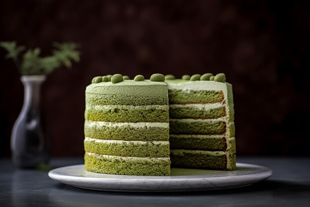 Deliziosa torta decorata al tè verde matcha