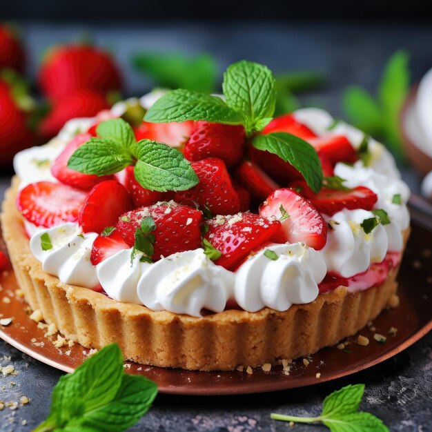 Deliziosa torta decorata con fragole, panna montata e foglie di menta.