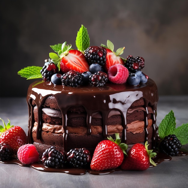 Deliziosa torta di cioccolato con bacche sul tavolo su uno sfondo nero