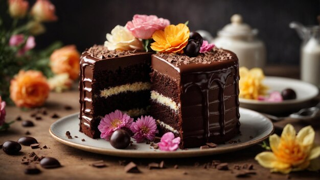 Deliziosa torta di cioccolato con fiori