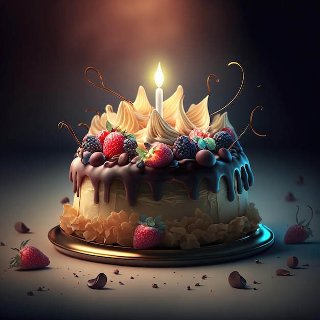 Deliziosa torta di compleanno anniversario Una candela in una torta a più strati con cioccolato Dessert dolci illustrazione 3d