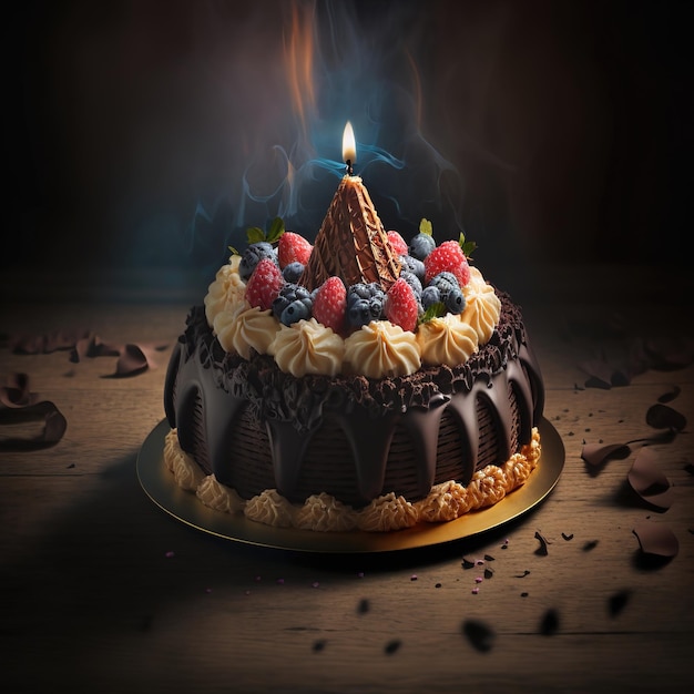 Deliziosa torta di compleanno anniversario Una candela in una torta a più strati con cioccolato Dolci dolci da dessert