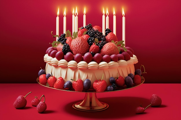 Deliziosa torta di compleanno con bacche e candele isolate su sfondo rosso Ai generato