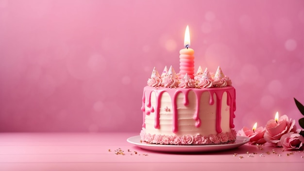 Deliziosa torta di compleanno con candela su sfondo rosa Sfondo con spazio per la copia