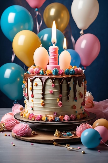 Deliziosa torta di compleanno con candele per la felice celebrazione del compleanno